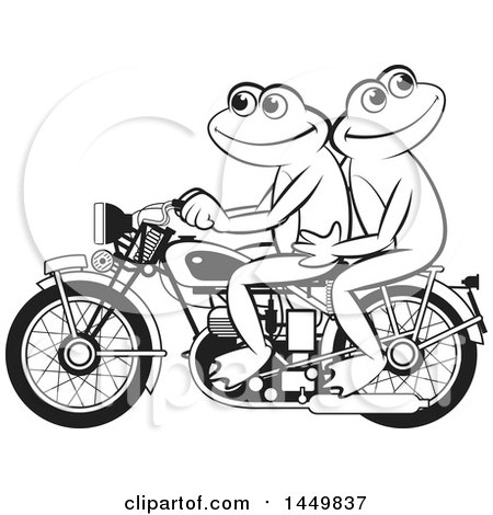 Clipart Graphic of a Happy Black and White Frog Couple Riding a Red Motorcycle - Royalty Free Vector Illustration by Lal Perera