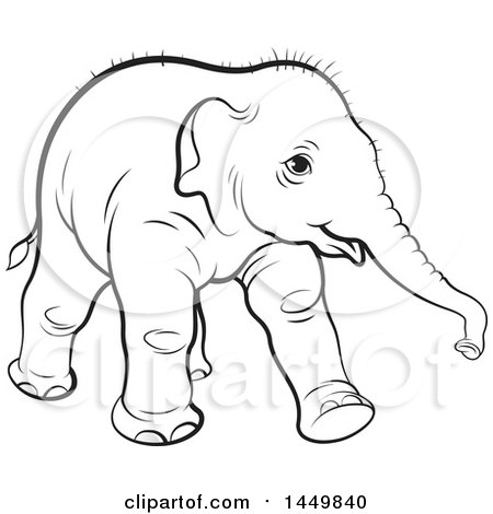 Clipart Graphic of a Black and White Lineart Walking Baby Elephant - Royalty Free Vector Illustration by Lal Perera