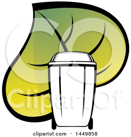 Clipart Graphic of a Black and Hwite Yard Debris Trash Bin with a Giant Green Leaf - Royalty Free Vector Illustration by Lal Perera