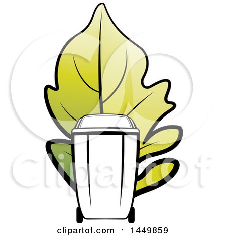 Clipart Graphic of a Black and Hwite Yard Debris Trash Bin with a Giant Green Leaf - Royalty Free Vector Illustration by Lal Perera