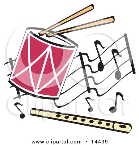 Drumsticks Playing a Drum and a Flute Over a Musical Note Background Clipart Illustration by Andy Nortnik