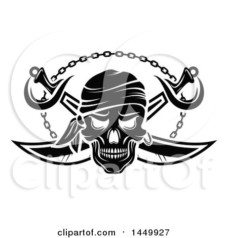 Clipart Graphic of a Black and White Pirate Skull and Crossed Swirds - Royalty Free Vector Illustration by Vector Tradition SM