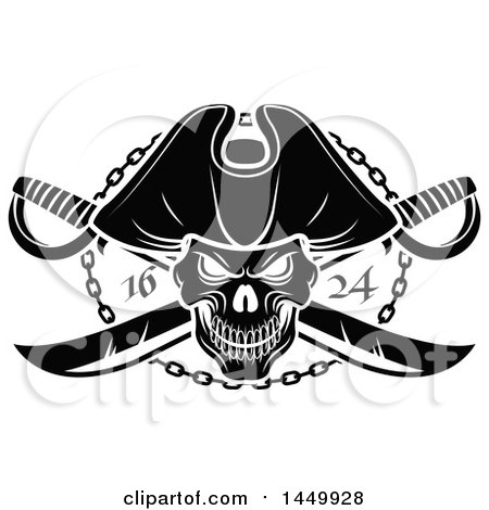 Clipart Graphic of a Black and White Pirate Skull and Crossed Swirds - Royalty Free Vector Illustration by Vector Tradition SM