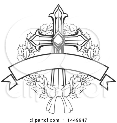 Clipart Graphic of a Black and White Cross in a Holly Wreath and Blank Banner - Royalty Free Vector Illustration by Vector Tradition SM