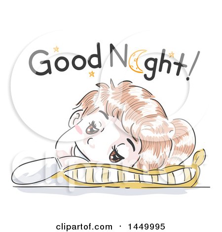 Clipart Graphic of a Retro Sketched White Girl Resting Her Head on a Pillow and Saying Good Night - Royalty Free Vector Illustration by BNP Design Studio