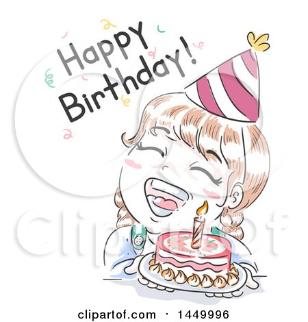 Clipart Graphic of a Retro Sketched White Girl with a Cake, Shouting Happy Birthday - Royalty Free Vector Illustration by BNP Design Studio
