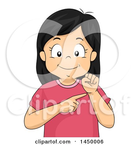 Clipart Graphic of a Happy Girl Pointing to Her Wrist - Royalty Free Vector Illustration by BNP Design Studio
