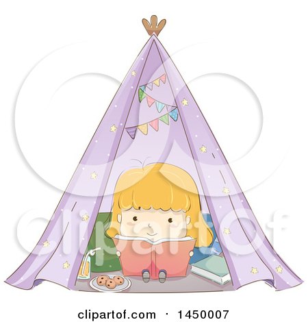 Clipart Graphic of a Sketched Blond White Girl Reading a Book in a Tent - Royalty Free Vector Illustration by BNP Design Studio