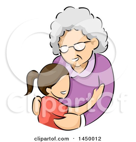 Clipart Graphic of a Sketched Happy White Haired Senior White Woman Hugging Her Grand Daughter - Royalty Free Vector Illustration by BNP Design Studio