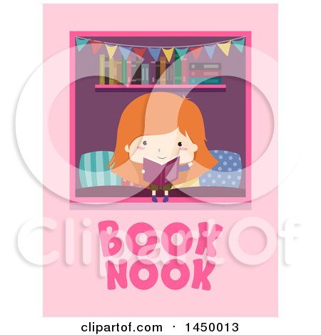 Clipart Graphic of a Red Haired White Girl Reading a Book in a Nook, with Text on Pink - Royalty Free Vector Illustration by BNP Design Studio