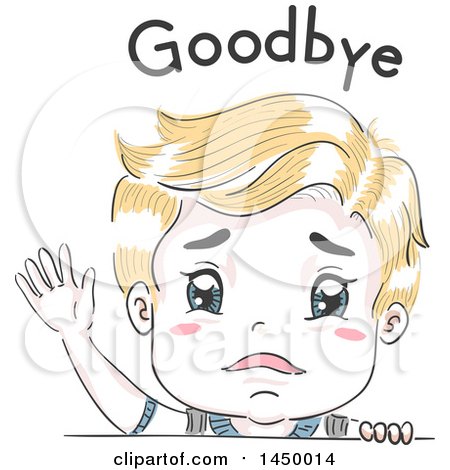 Clipart Graphic of a Retro Sad Sketched Blond White Boy Waving Goodbye Under Text - Royalty Free Vector Illustration by BNP Design Studio