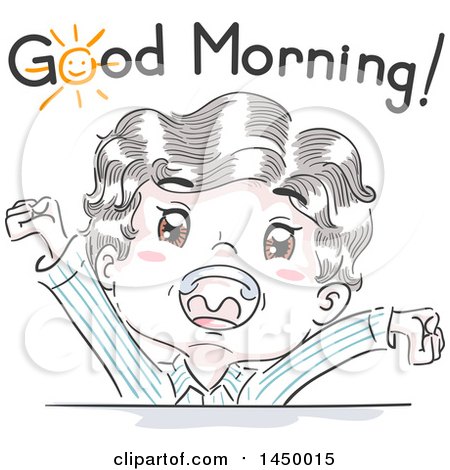 Clipart Graphic of a Retro Sketched White Boy Stretching and Shouting Good Morning - Royalty Free Vector Illustration by BNP Design Studio