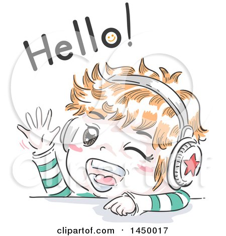 Clipart Graphic of a Retro Sketched Red Haired White Boy Waving and Wearing Headphones Under Hello Text - Royalty Free Vector Illustration by BNP Design Studio