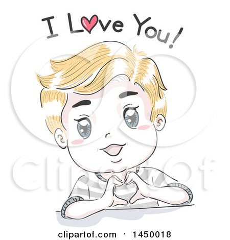 Clipart Graphic of a Retro Sketched Blond White Boy Forming a Heart with His Hands and Saying I Love You - Royalty Free Vector Illustration by BNP Design Studio