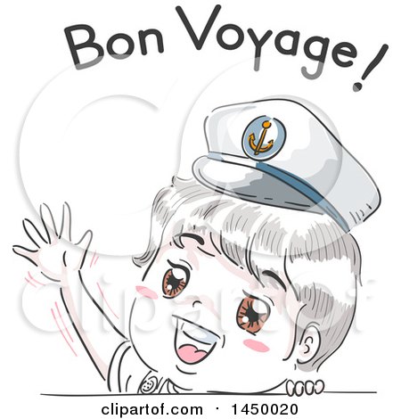 Clipart Graphic of a Retro Sketched White Boy Wearing a Sailor Hat and Waving Under Bon Voyage Text - Royalty Free Vector Illustration by BNP Design Studio