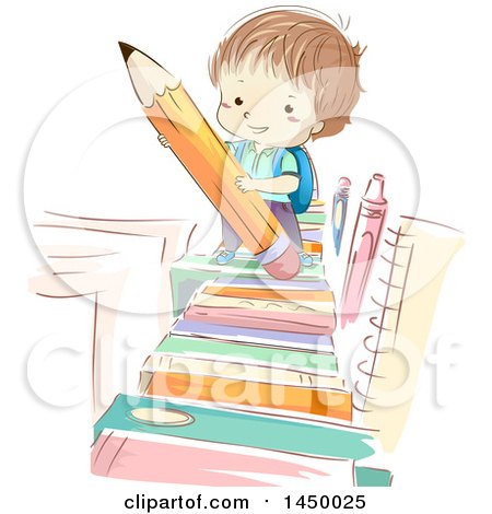 Clipart Graphic of a Sketched Brunette White School Boy Holding a Pencil on a Book Path - Royalty Free Vector Illustration by BNP Design Studio