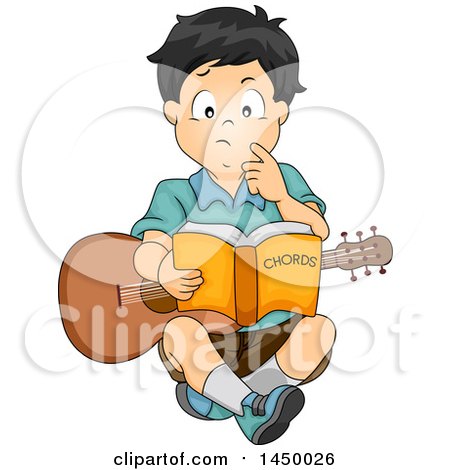 Clipart Graphic of a Boy Sitting on the Floor and Reading a Book While Learning How to Play the Guitar - Royalty Free Vector Illustration by BNP Design Studio