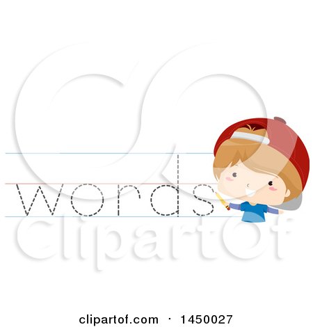 Clipart Graphic of a White Boy Writing Words on Ruled Paper - Royalty Free Vector Illustration by BNP Design Studio