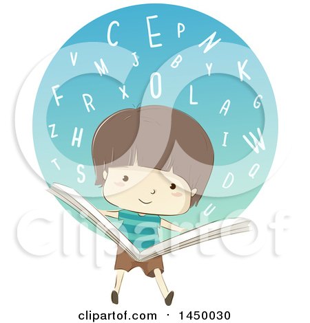 Clipart Graphic of a Sketched Brunette White Boy Reading a Book, with a Circle of Alphabet Letters - Royalty Free Vector Illustration by BNP Design Studio