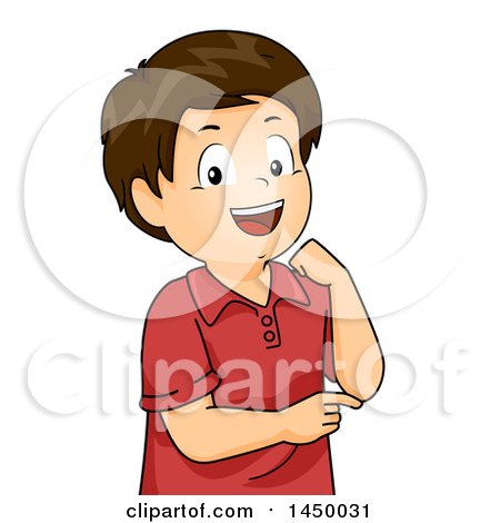 Clipart Graphic of a Happy Brunette White Boy Pointing to His Elbow - Royalty Free Vector Illustration by BNP Design Studio