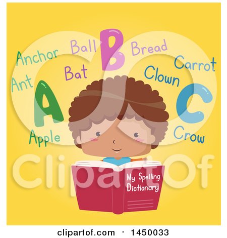 Clipart Graphic of a Happy Boy Reading a Dictionary, with Words on Yellow - Royalty Free Vector Illustration by BNP Design Studio