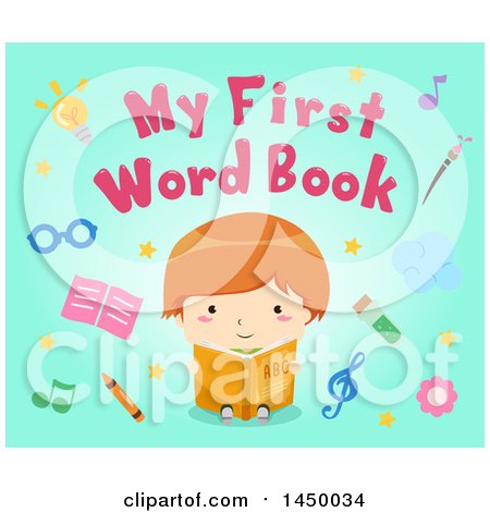 Clipart Graphic of a Boy Reading Under My First Word Book Text with Floating Items on Blue - Royalty Free Vector Illustration by BNP Design Studio
