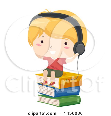 Clipart Graphic of a Blond White Boy Wearing Headphones and Sitting on a Stack of Books - Royalty Free Vector Illustration by BNP Design Studio