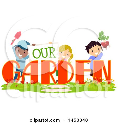 Clipart Graphic of a Group of Children Playing with Our Garden Text - Royalty Free Vector Illustration by BNP Design Studio