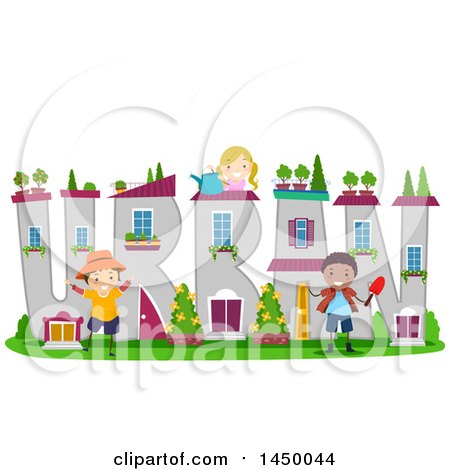Clipart Graphic of a Group of Children Tending an Urban Word Garden - Royalty Free Vector Illustration by BNP Design Studio