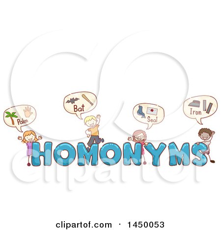 Clipart Graphic of a Sketched Group of Children with Homonyms Text - Royalty Free Vector Illustration by BNP Design Studio