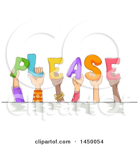 Clipart Graphic of a Group of Sketched Child Hands Holding up Letters and Spelling the Word Please - Royalty Free Vector Illustration by BNP Design Studio
