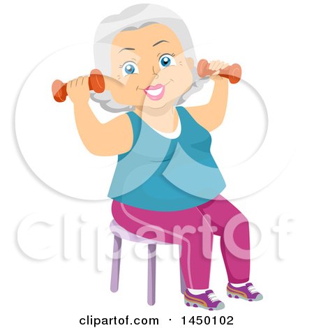 Clipart Graphic of a Happy White Haired Senior White Woman Sitting in a Chair and Working out with Dumbbells - Royalty Free Vector Illustration by BNP Design Studio