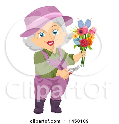 Clipart Graphic of a Happy White Haired Senior White Woman Cutting a Floral Bouquet - Royalty Free Vector Illustration by BNP Design Studio