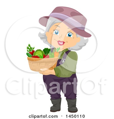 Clipart Graphic of a Happy White Haired Senior White Woman Carrying a Harvest Garden Basket - Royalty Free Vector Illustration by BNP Design Studio