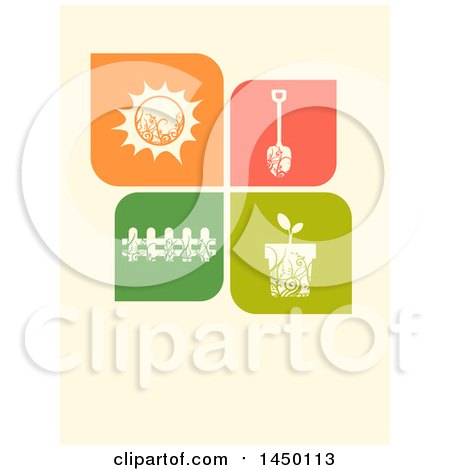 Clipart Graphic of a Shovel, a Wooden Fence, a Potted Plant, and the Sun Design - Royalty Free Vector Illustration by BNP Design Studio
