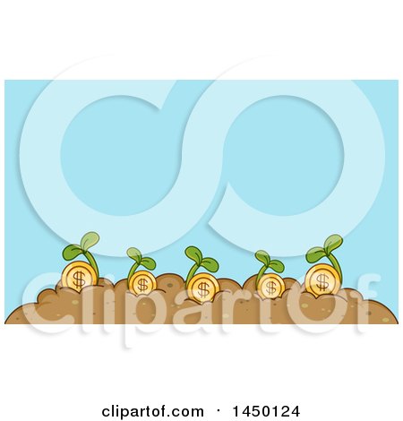 Clipart Graphic of Sprouting Coin Plants over Blue - Royalty Free Vector Illustration by BNP Design Studio