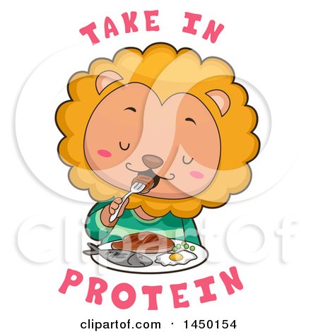 Clipart Graphic of a Cute Lion Eating a Meal with Take in Protein Text - Royalty Free Vector Illustration by BNP Design Studio