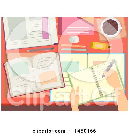 Clipart Graphic of a Desk with School Books and a Hand Writing - Royalty Free Vector Illustration by BNP Design Studio