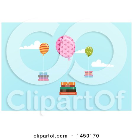 Clipart Graphic of Patterned Balloons and Floating Books in the Sky - Royalty Free Vector Illustration by BNP Design Studio