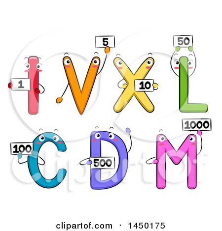 Clipart Graphic of Roman Numeral Mascots Holding Number Flash Cards - Royalty Free Vector Illustration by BNP Design Studio