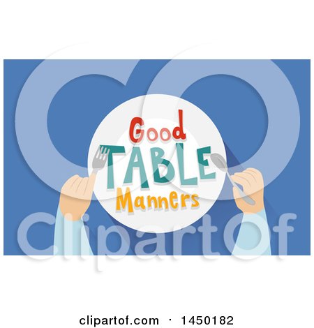 Clipart Graphic of Good Table Manners on a Plate and Hands over Blue - Royalty Free Vector Illustration by BNP Design Studio