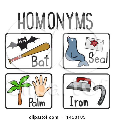 Clipart Graphic of Homonyms Flash Cards of a Bat, Seal, Palm, and Iron - Royalty Free Vector Illustration by BNP Design Studio