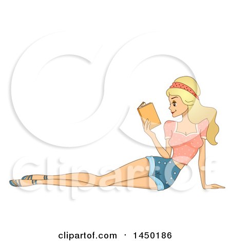 Clipart Graphic of a Blond White Woman Laying on the Floor and Reading a Book - Royalty Free Vector Illustration by BNP Design Studio