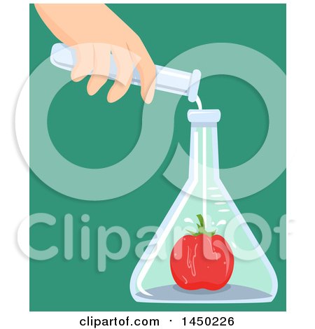 Clipart Graphic of a Hand Pouring Chemicals on a Tomato in a Flask, over Green - Royalty Free Vector Illustration by BNP Design Studio