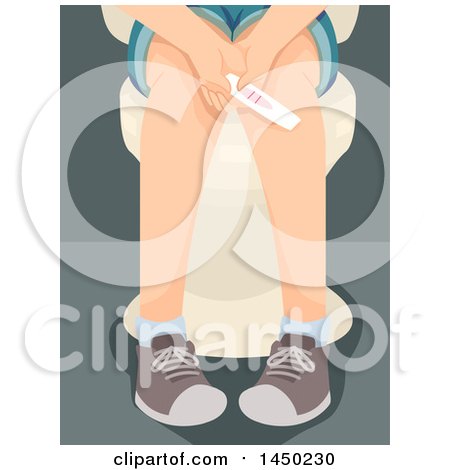 Clipart Graphic of a Teenage Girl Sitting on a Toilet and Holding a Positive Pregnancy Test - Royalty Free Vector Illustration by BNP Design Studio