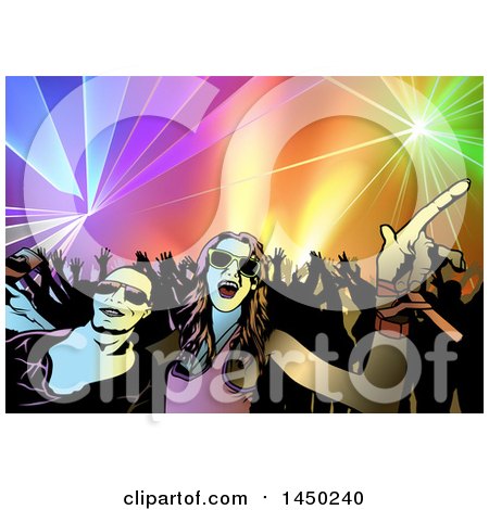 Clipart Graphic of a Couple in Front of a Crowded Dance Floor of People Dancing Ot Disco Music, Under Lights - Royalty Free Vector Illustration by dero