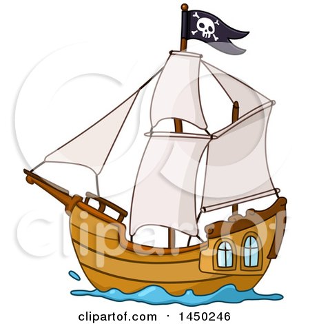 Clipart Graphic of a Cartoon Sailing Pirate Ship Flying a Jolly Roger Flag - Royalty Free Vector Illustration by yayayoyo
