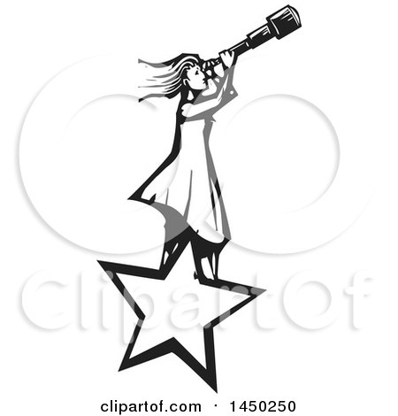 Clipart Graphic of a Black and White Woodcut Girl Standing on a Star and Looking Through a Telescope - Royalty Free Vector Illustration by xunantunich