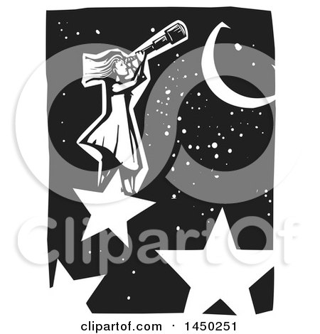 Clipart Graphic of a Black and White Woodcut Girl Standing on a Star and Looking Through a Telescope in a Night Sky - Royalty Free Vector Illustration by xunantunich