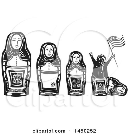Clipart Graphic of a Line of Russian Matryoshka Nesting Dolls and Politician Holding an American Flag and Popping out of the Smallest One - Royalty Free Vector Illustration by xunantunich
